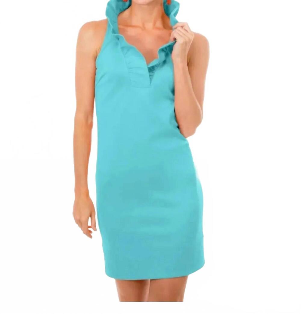 NEW GRETCHEN SCOTT women's jersey ruffneck sleeveless dress in turquoise